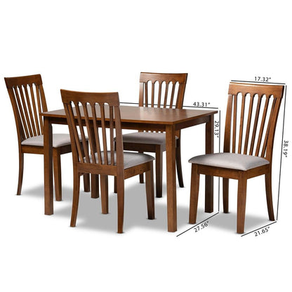 Grey Fabric Upholstered and Walnut Brown Finished Wood 5-Piece Dining Set