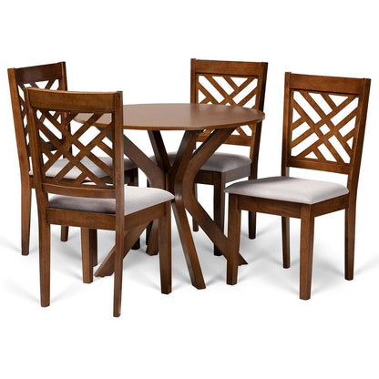 Grey Fabric Upholstered and Walnut Brown Finished Wood 5-Piece Dining Set