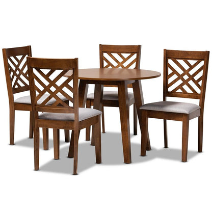 Grey Fabric Upholstered and Walnut Brown Finished Wood 5-Piece Dining Set