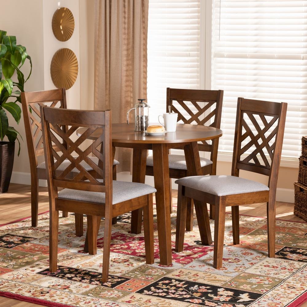 Grey Fabric Upholstered and Walnut Brown Finished Wood 5-Piece Dining Set