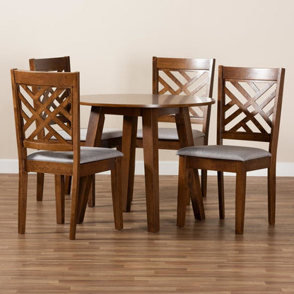 Grey Fabric Upholstered and Walnut Brown Finished Wood 5-Piece Dining Set