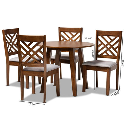 Grey Fabric Upholstered and Walnut Brown Finished Wood 5-Piece Dining Set