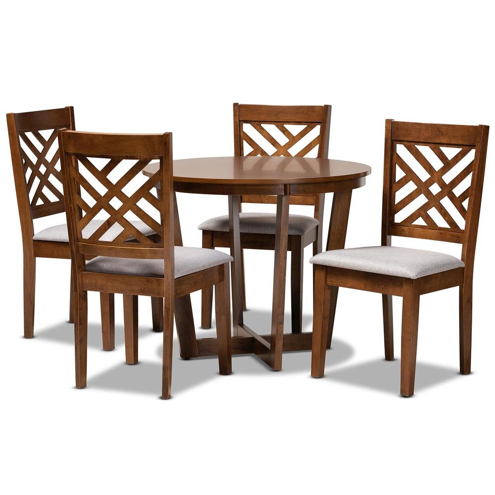 Grey Fabric Upholstered and Walnut Brown Finished Wood 5-Piece Dining Set