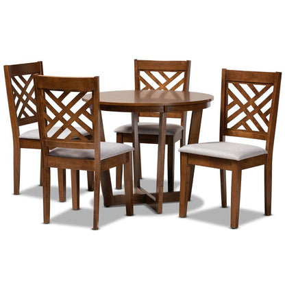 Grey Fabric Upholstered and Walnut Brown Finished Wood 5-Piece Dining Set