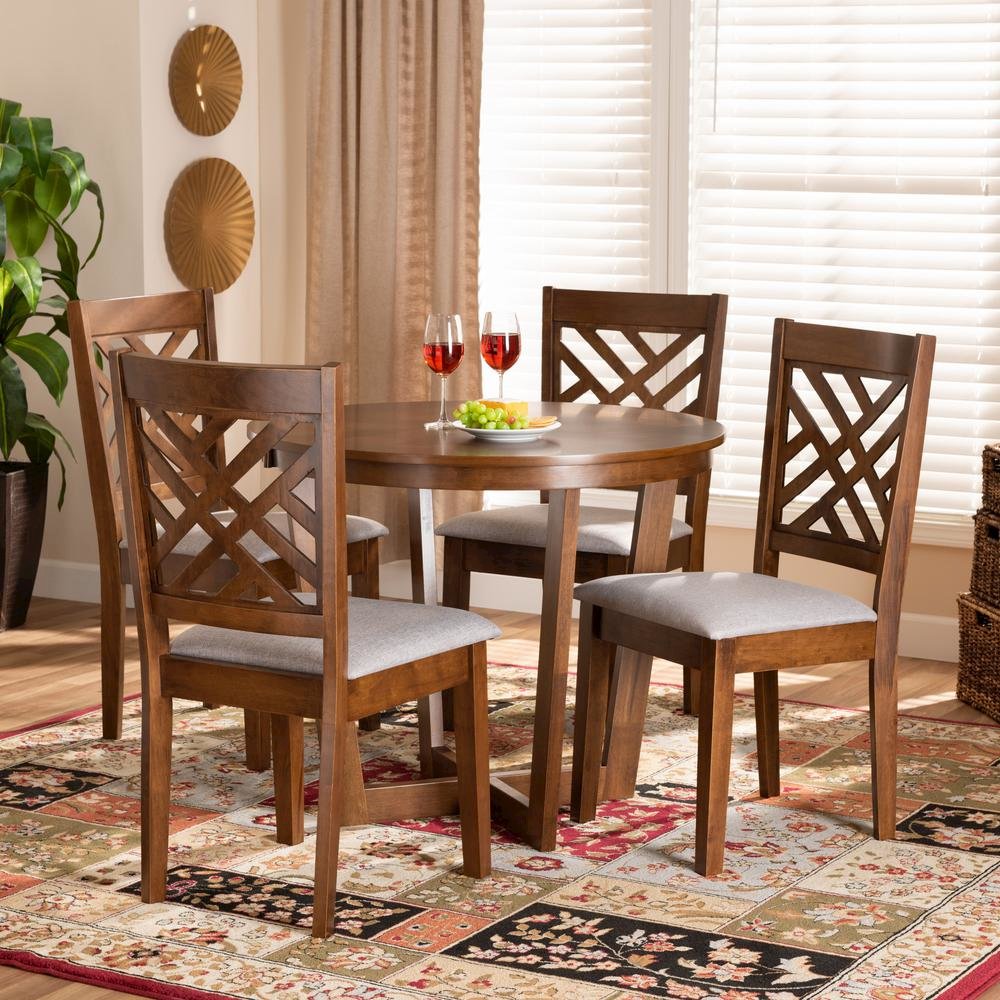 Grey Fabric Upholstered and Walnut Brown Finished Wood 5-Piece Dining Set