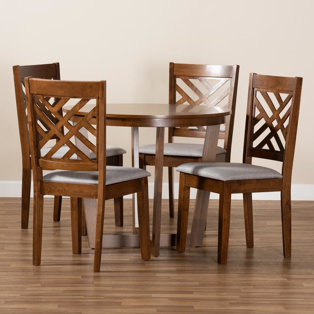 Grey Fabric Upholstered and Walnut Brown Finished Wood 5-Piece Dining Set