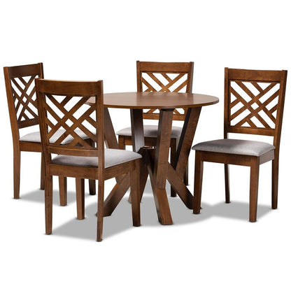 Grey Fabric Upholstered and Walnut Brown Finished Wood 5-Piece Dining Set