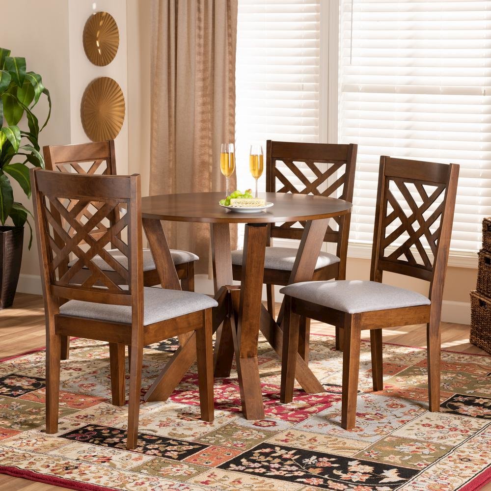 Grey Fabric Upholstered and Walnut Brown Finished Wood 5-Piece Dining Set