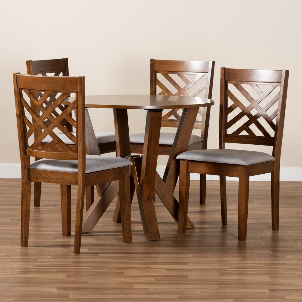Grey Fabric Upholstered and Walnut Brown Finished Wood 5-Piece Dining Set