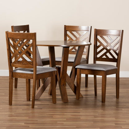 Grey Fabric Upholstered and Walnut Brown Finished Wood 5-Piece Dining Set