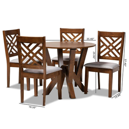 Grey Fabric Upholstered and Walnut Brown Finished Wood 5-Piece Dining Set