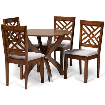 Grey Fabric Upholstered and Walnut Brown Finished Wood 5-Piece Dining Set