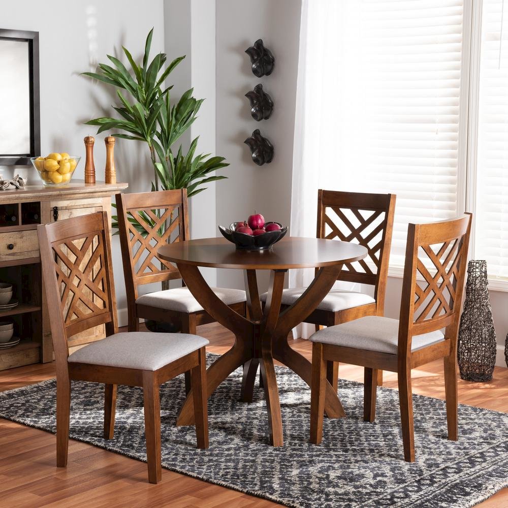 Grey Fabric Upholstered and Walnut Brown Finished Wood 5-Piece Dining Set