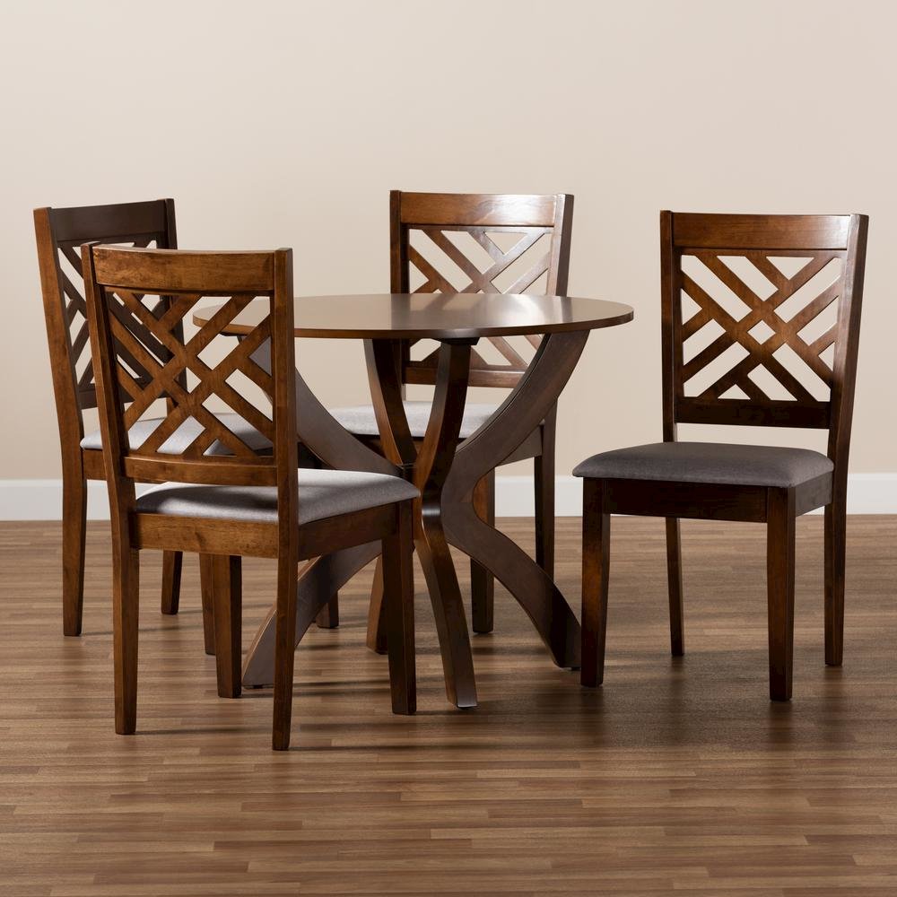Grey Fabric Upholstered and Walnut Brown Finished Wood 5-Piece Dining Set