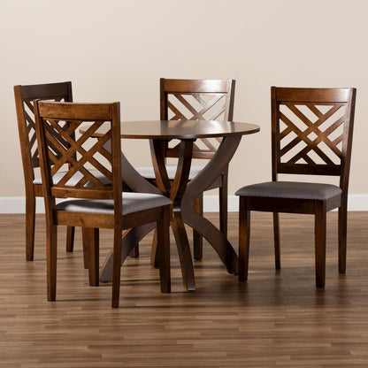 Grey Fabric Upholstered and Walnut Brown Finished Wood 5-Piece Dining Set