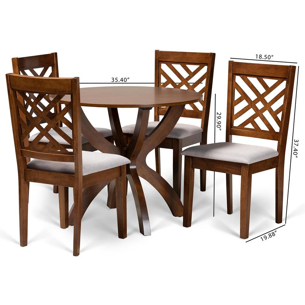 Grey Fabric Upholstered and Walnut Brown Finished Wood 5-Piece Dining Set