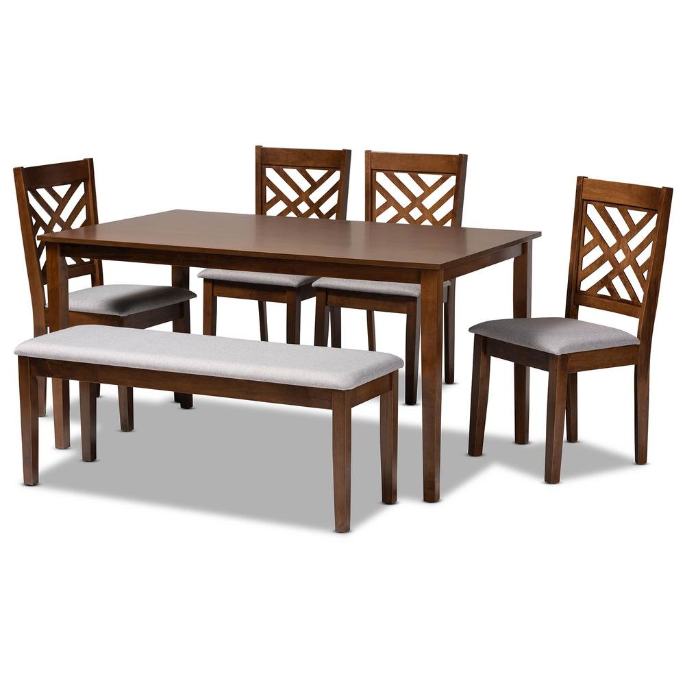 Grey Fabric Upholstered and Walnut Brown Finished Wood 6-Piece Dining Set