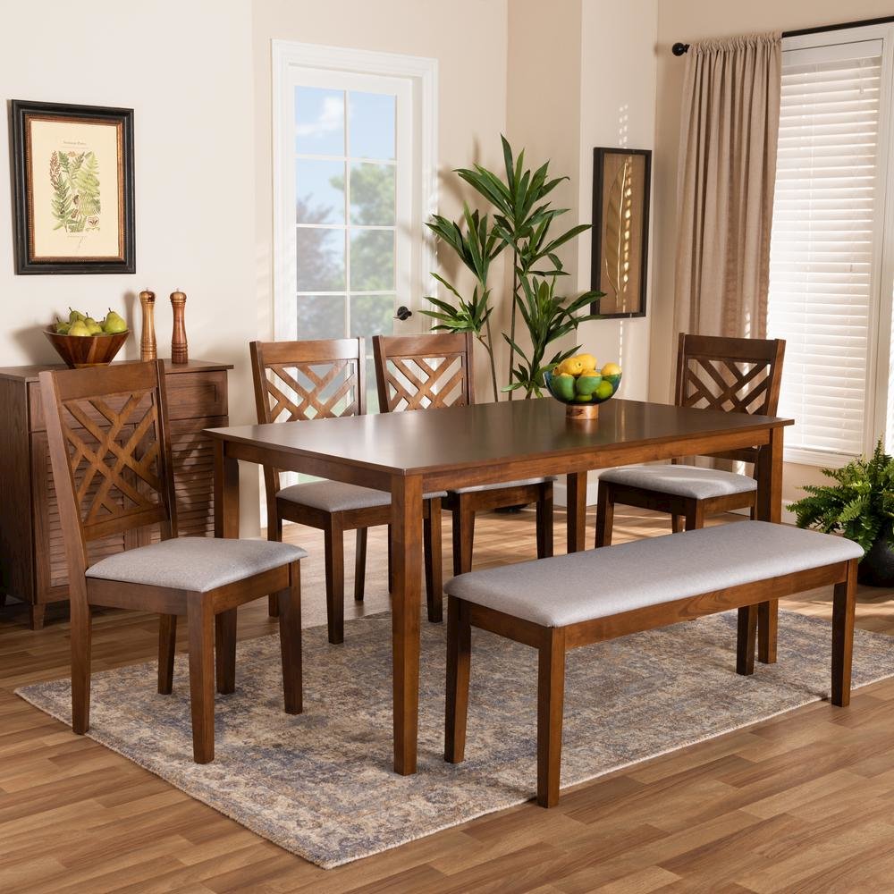 Grey Fabric Upholstered and Walnut Brown Finished Wood 6-Piece Dining Set