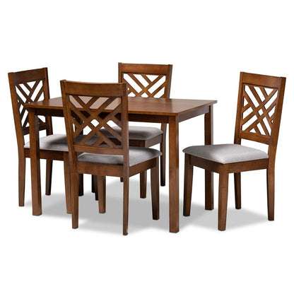 Grey Fabric Upholstered Walnut Brown Finished Wood 5-Piece Dining Set