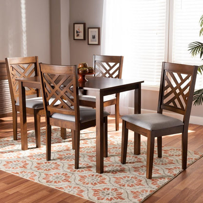 Grey Fabric Upholstered Walnut Brown Finished Wood 5-Piece Dining Set