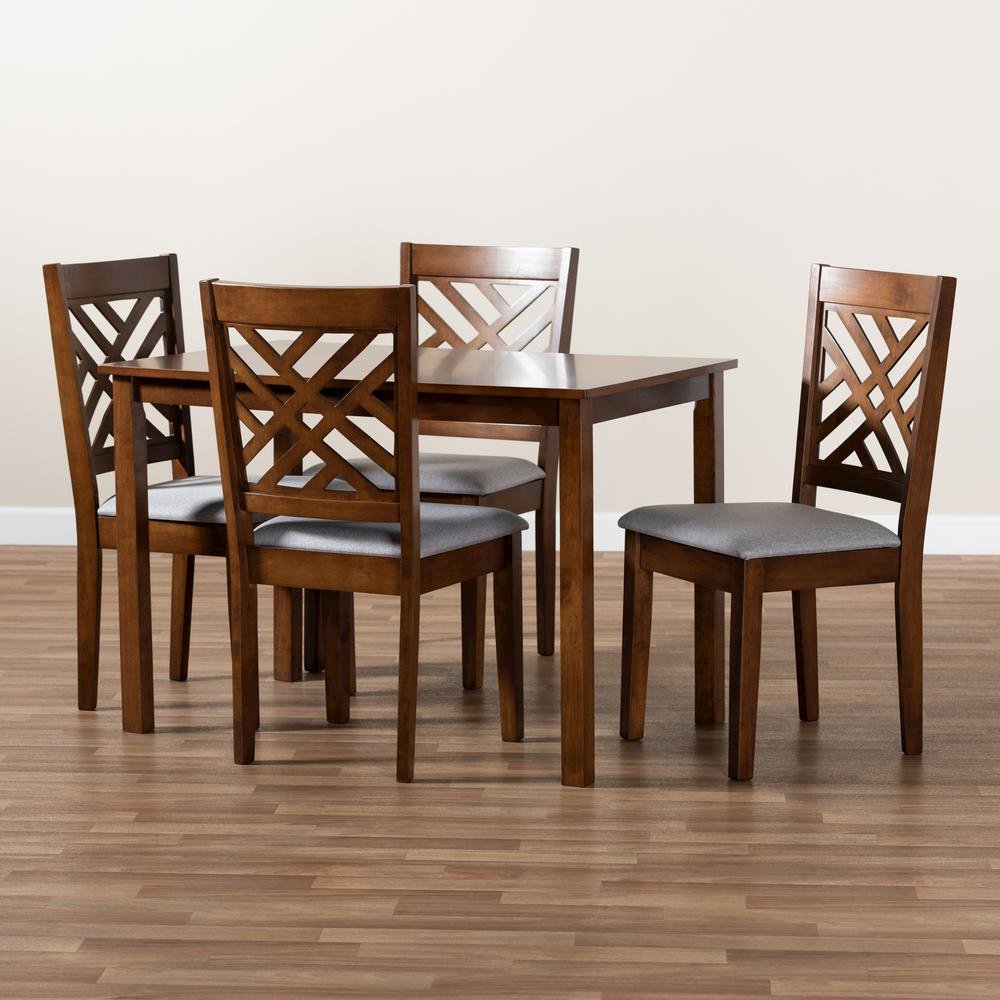 Grey Fabric Upholstered Walnut Brown Finished Wood 5-Piece Dining Set