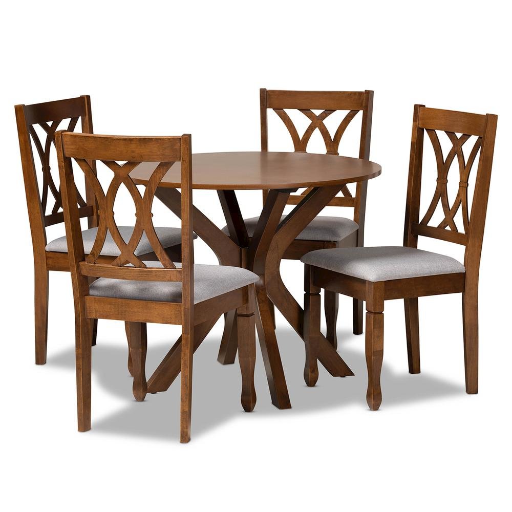 Grey Fabric Upholstered and Walnut Brown Finished Wood 5-Piece Dining Set