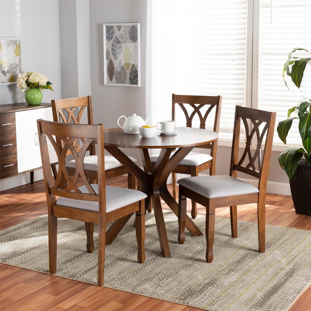 Grey Fabric Upholstered and Walnut Brown Finished Wood 5-Piece Dining Set