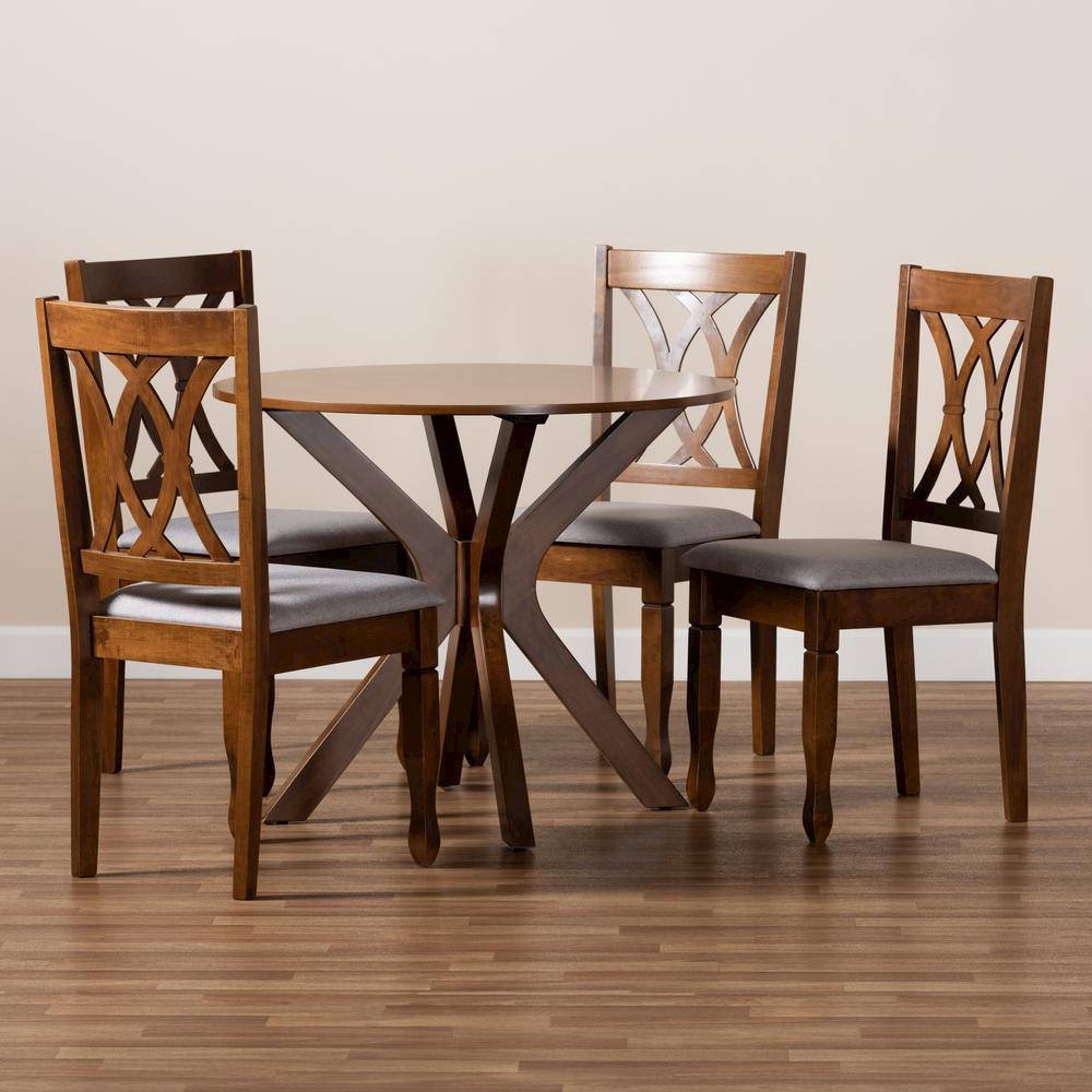 Grey Fabric Upholstered and Walnut Brown Finished Wood 5-Piece Dining Set