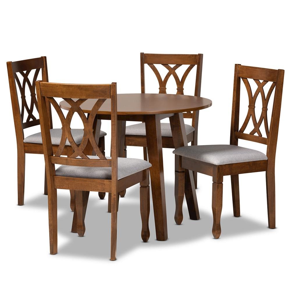 Grey Fabric Upholstered and Walnut Brown Finished Wood 5-Piece Dining Set