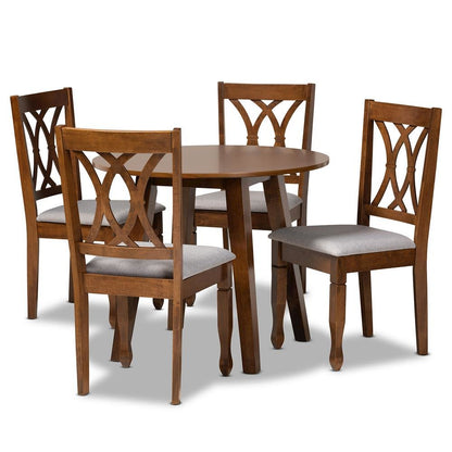 Grey Fabric Upholstered and Walnut Brown Finished Wood 5-Piece Dining Set