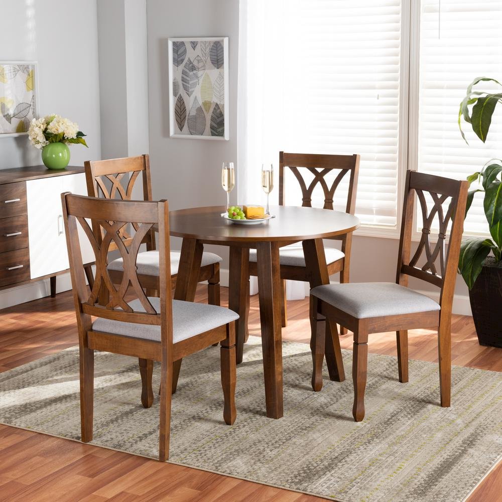 Grey Fabric Upholstered and Walnut Brown Finished Wood 5-Piece Dining Set