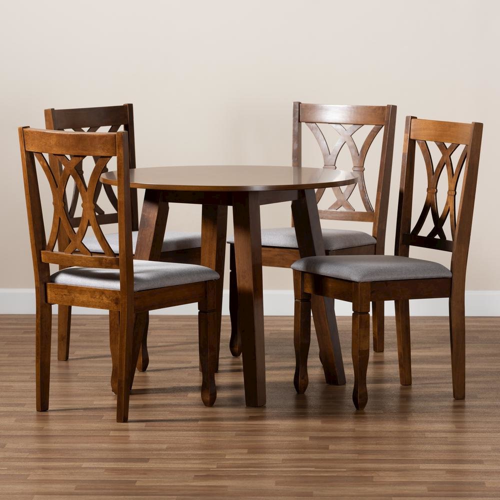 Grey Fabric Upholstered and Walnut Brown Finished Wood 5-Piece Dining Set