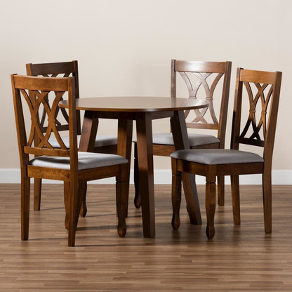 Grey Fabric Upholstered and Walnut Brown Finished Wood 5-Piece Dining Set