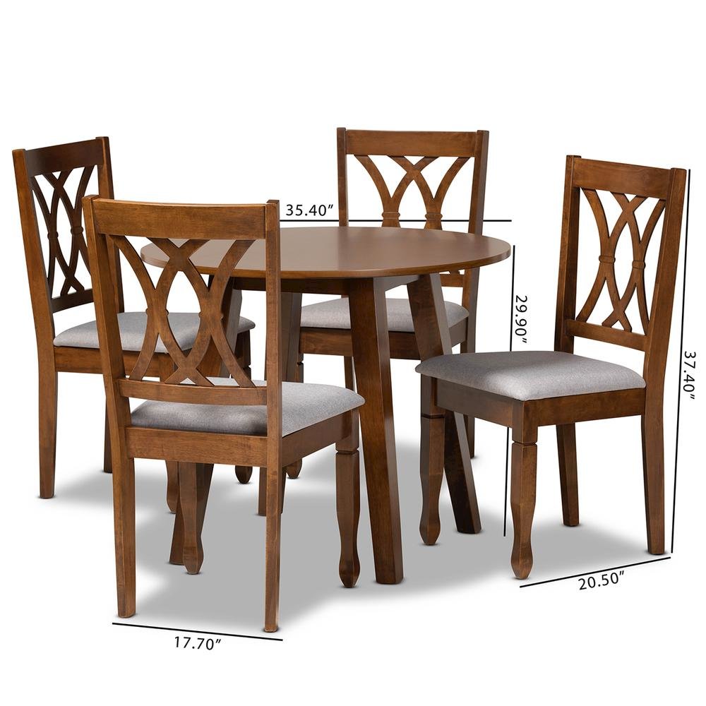 Grey Fabric Upholstered and Walnut Brown Finished Wood 5-Piece Dining Set