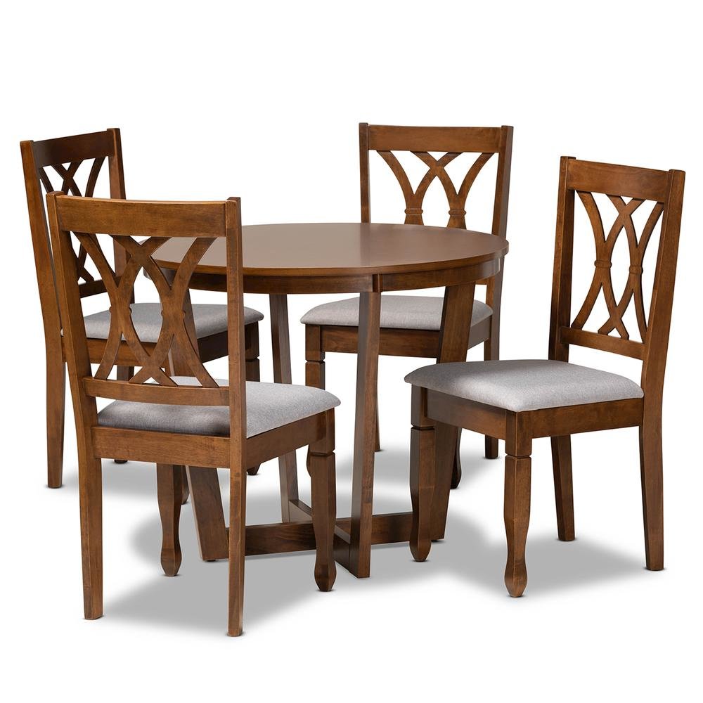 Grey Fabric Upholstered and Walnut Brown Finished Wood 5-Piece Dining Set