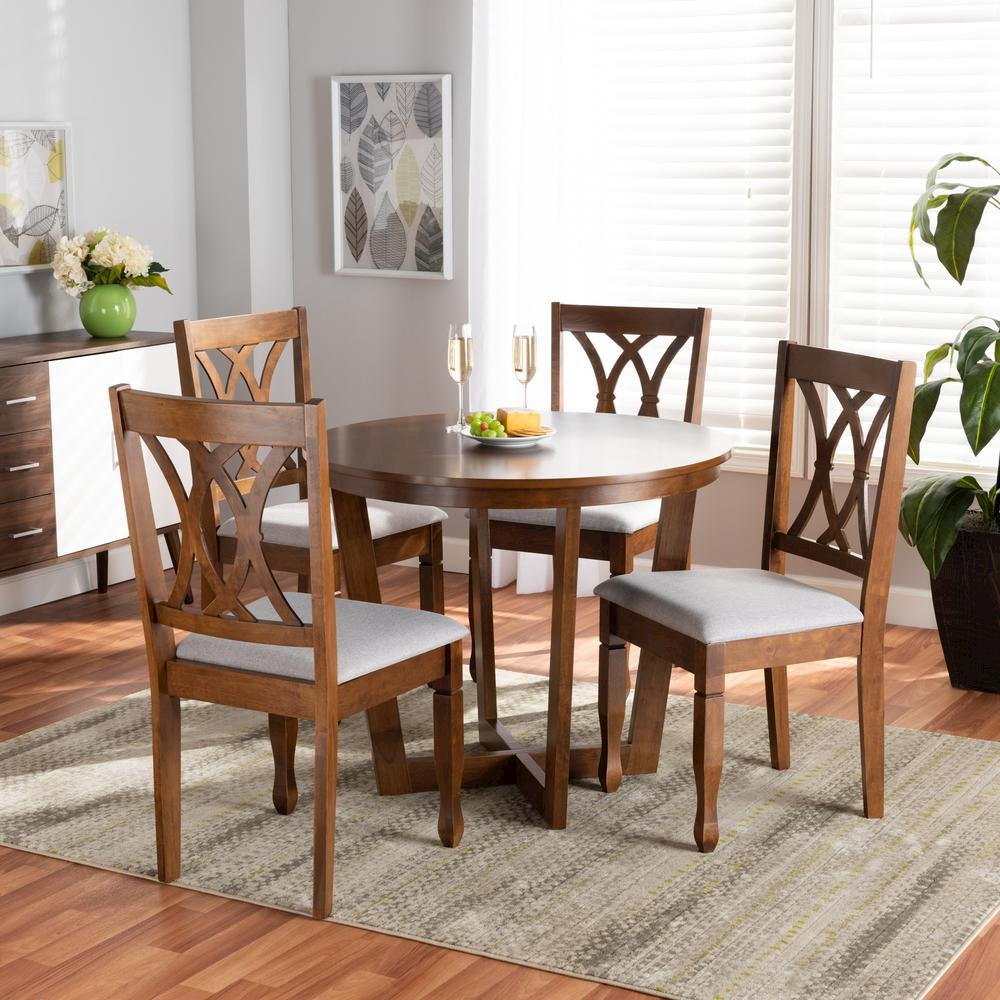 Grey Fabric Upholstered and Walnut Brown Finished Wood 5-Piece Dining Set