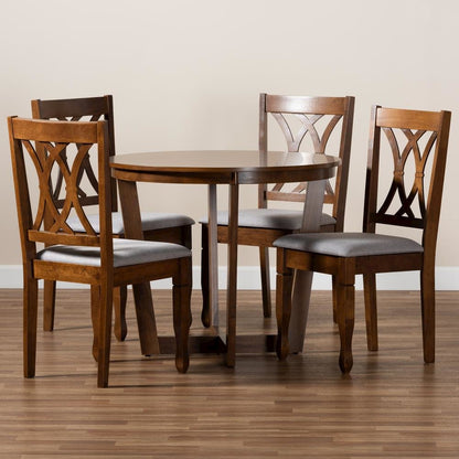 Grey Fabric Upholstered and Walnut Brown Finished Wood 5-Piece Dining Set
