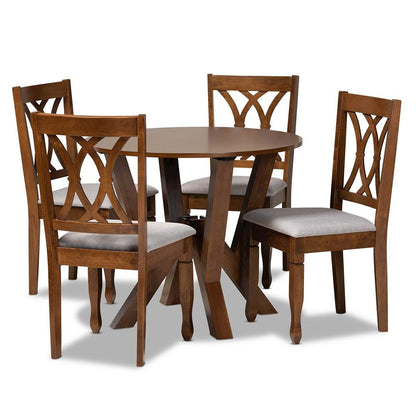 Grey Fabric Upholstered and Walnut Brown Finished Wood 5-Piece Dining Set