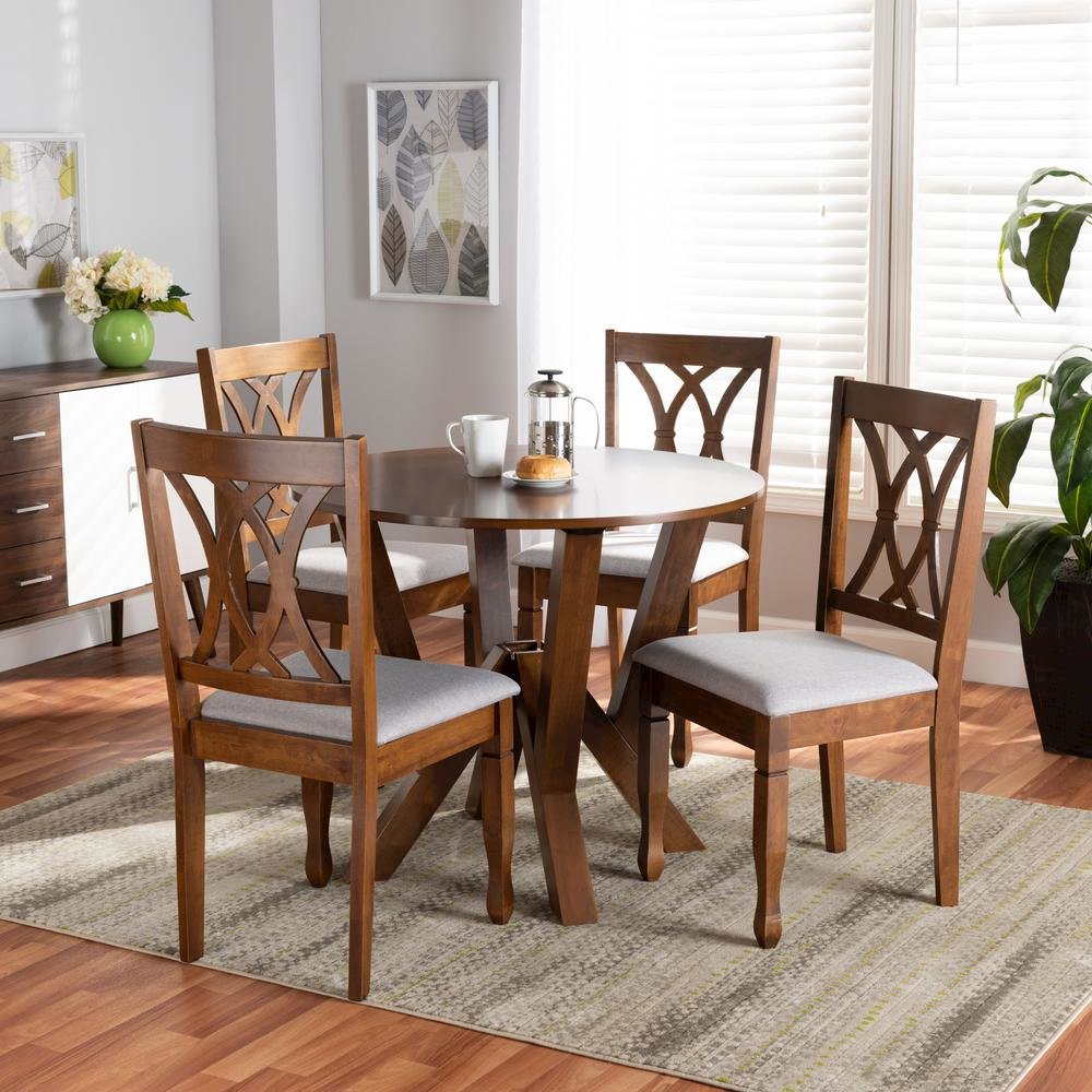 Grey Fabric Upholstered and Walnut Brown Finished Wood 5-Piece Dining Set