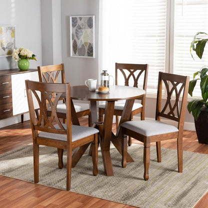 Grey Fabric Upholstered and Walnut Brown Finished Wood 5-Piece Dining Set