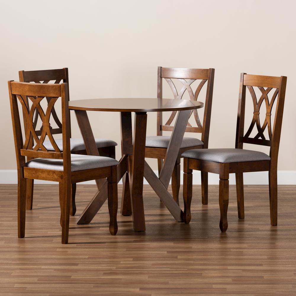 Grey Fabric Upholstered and Walnut Brown Finished Wood 5-Piece Dining Set
