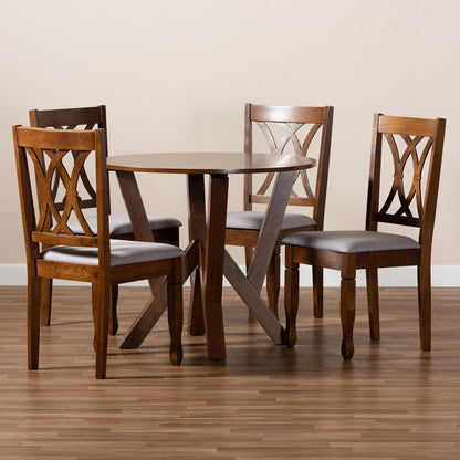 Grey Fabric Upholstered and Walnut Brown Finished Wood 5-Piece Dining Set