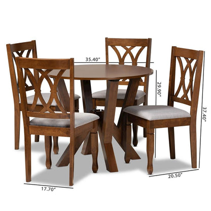 Grey Fabric Upholstered and Walnut Brown Finished Wood 5-Piece Dining Set