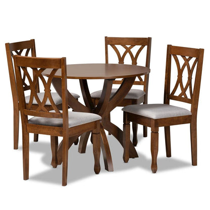 Grey Fabric Upholstered and Walnut Brown Finished Wood 5-Piece Dining Set