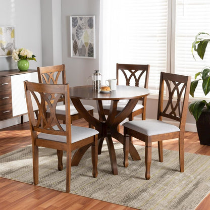 Grey Fabric Upholstered and Walnut Brown Finished Wood 5-Piece Dining Set