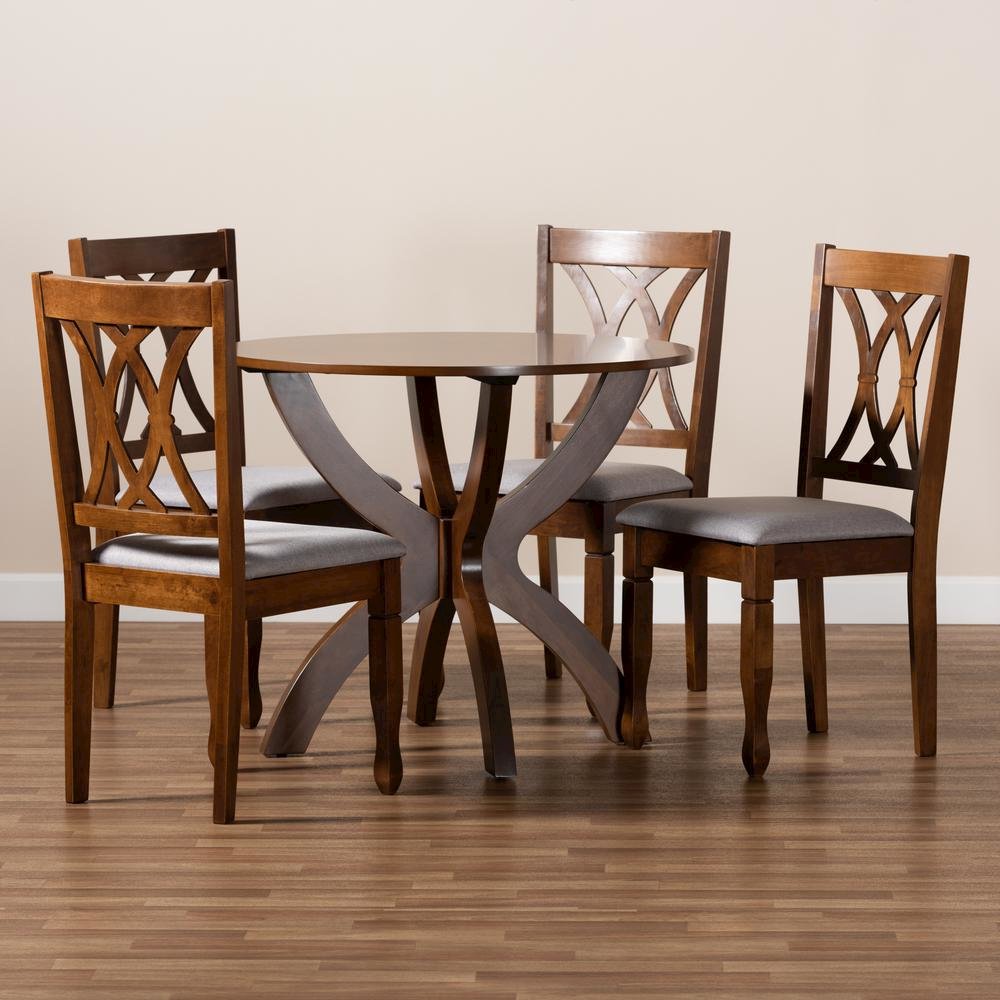 Grey Fabric Upholstered and Walnut Brown Finished Wood 5-Piece Dining Set