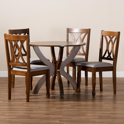 Grey Fabric Upholstered and Walnut Brown Finished Wood 5-Piece Dining Set