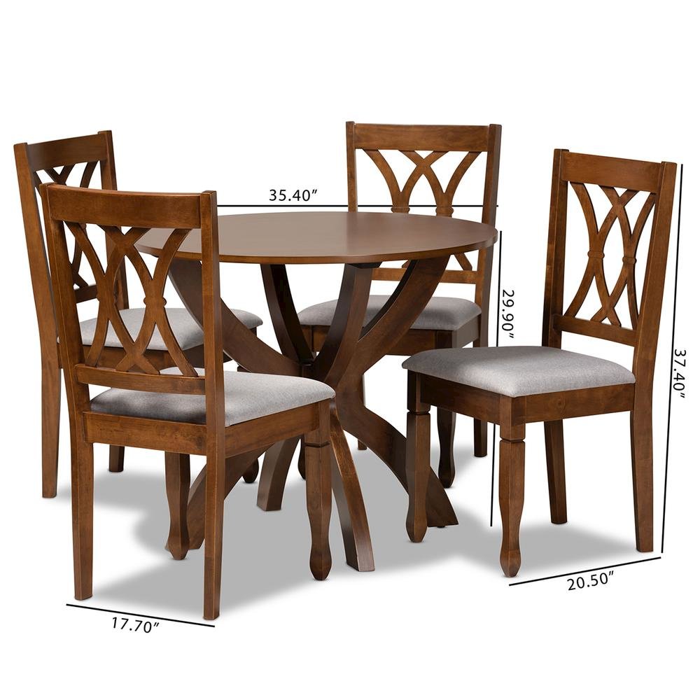 Grey Fabric Upholstered and Walnut Brown Finished Wood 5-Piece Dining Set