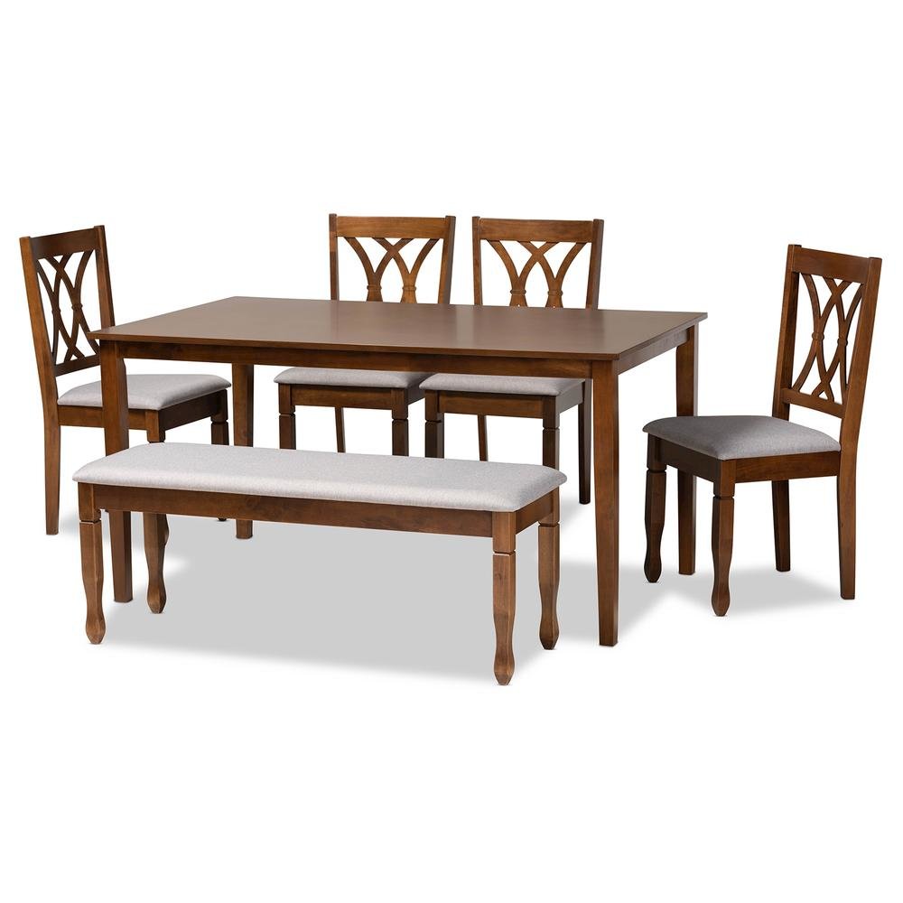 Grey Fabric Upholstered and Walnut Brown Finished Wood 6-Piece Dining Set