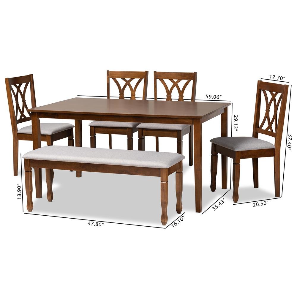 Grey Fabric Upholstered and Walnut Brown Finished Wood 6-Piece Dining Set